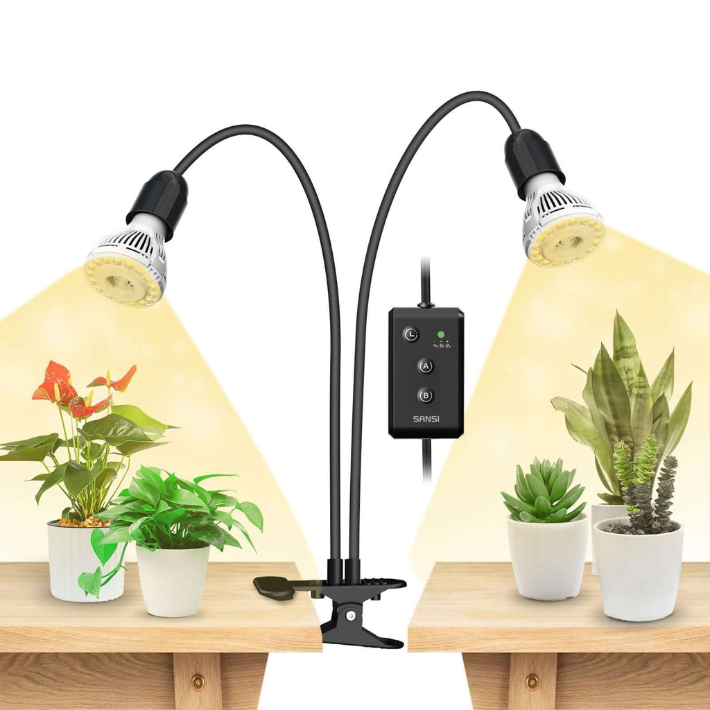 SANSI 20W dual-head grow light with timer — packaging and included accessories