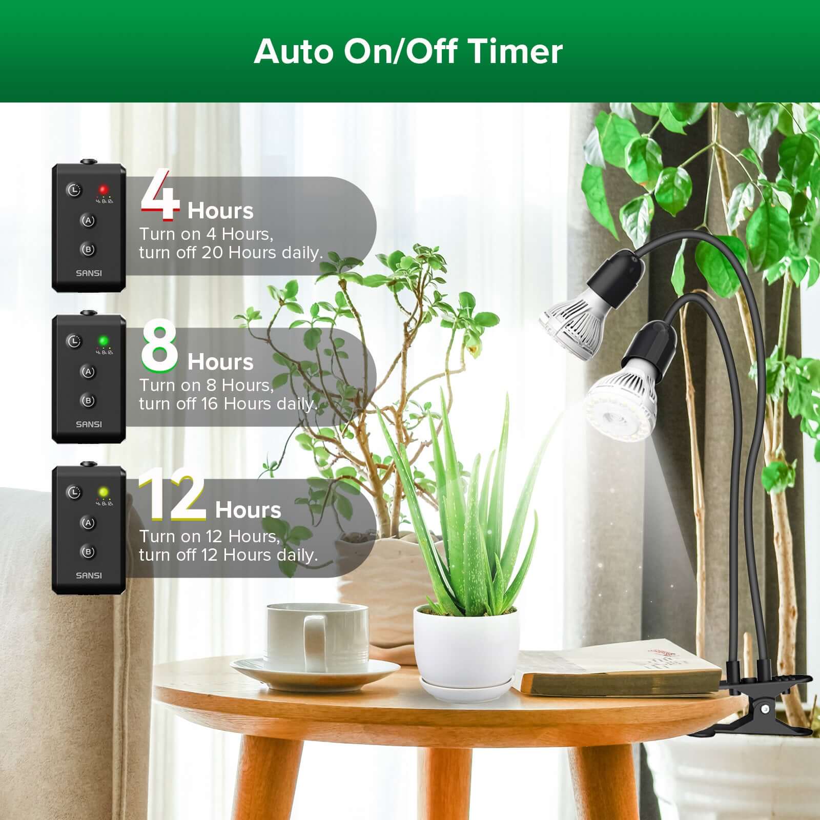 Built-in auto ON/OFF timer with 4H, 8H, and 12H modes on a 24-hour cycle